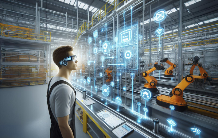 A photorealistic image of a highly automated and interconnected factory floor. Sensors and devices are attached to machinery, and workers wear smart glasses or other wearable technology. The image conveys a sense of efficiency, precision, and the seamless integration of technology into the industrial environment. || The factory floor is brightly lit and clean, with a modern aesthetic. Workers are dressed in safety gear and focused on their tasks. Sensors and devices are integrated into machinery in a non-disruptive way. The image is visually appealing and interesting to look at.