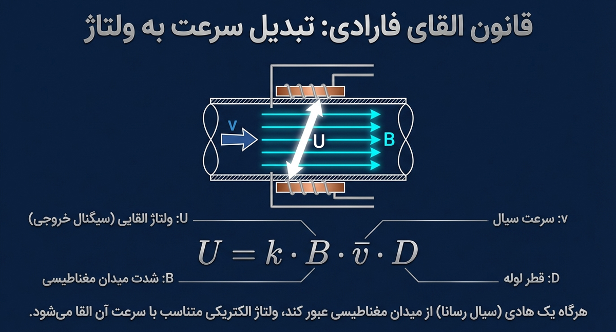 قانون-القای-فارادی — دراک نمودار قانون القای فارادی در فلومتر الکترومغناطیسی که عبور سیال از لوله در میدان مغناطیسی B را نشان میدهد؛ با نمایش سرعت سیال v، ولتاژ القایی خروجی U، قطر لوله D و فرمول U = k·B·v·D برای تبدیل سرعت به ولتاژ.