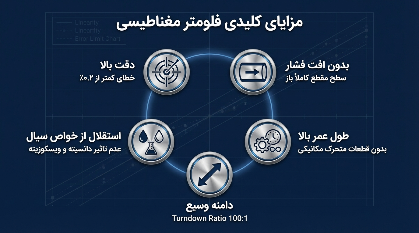 مزیت های فلومتر الکترومغناطیسی — دراک مزایای کلیدی فلومتر مغناطیسی شامل دقت بالا با خطای کمتر از ۰.۲٪، بدون افت فشار بهدلیل مقطع کاملاً باز، طول عمر بالا بدون قطعات متحرک مکانیکی، دامنه اندازهگیری وسیع با نسبت Turndown 100:1 و استقلال از خواص سیال مانند دانسیته و ویسکوزیته.