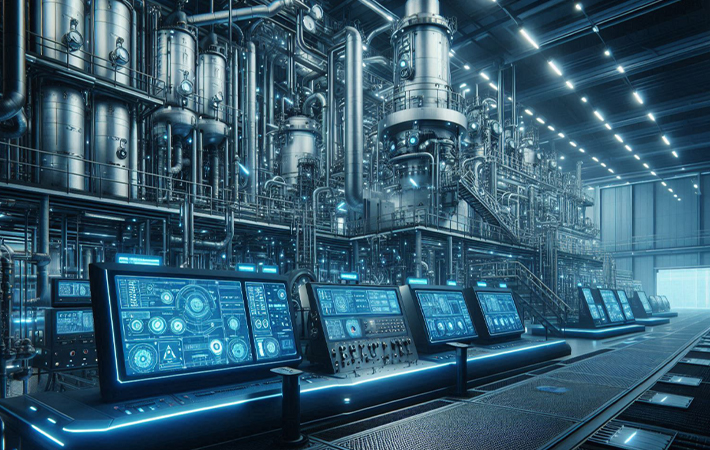 A modern industrial factory with complex control panels, working pipes and tanks, blue lighting, cyberpunk style