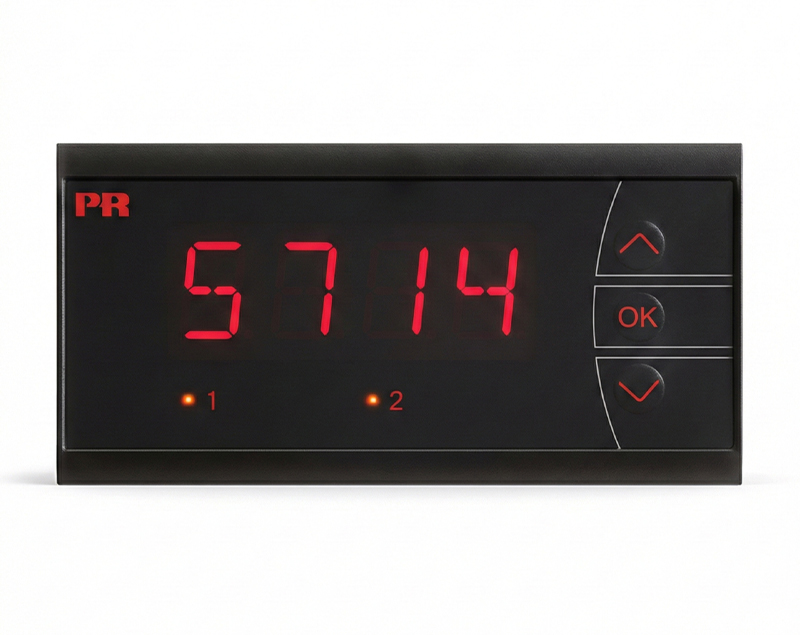 PR-5714 — دراک نمایشگر قابل برنامهریزی ۵۷۱۴ PR Electronics با کاراکترهای LED چهار رقمی و قابلیت تنظیم ورودیهای RTD، TC، ولتاژ و جریان، مناسب محیطهای صنعتی و مرطوب