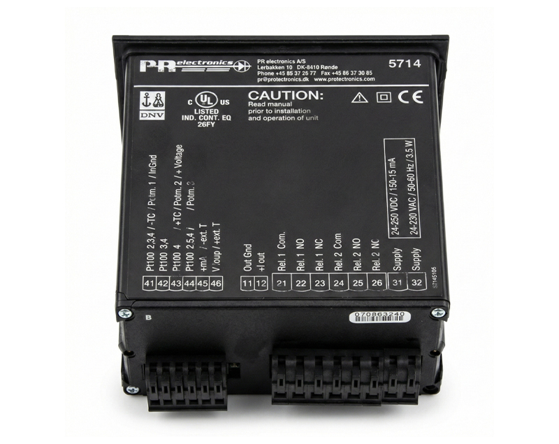 PR5714 — دراک نمایشگر قابل برنامهریزی ۵۷۱۴ PR Electronics با کاراکترهای LED چهار رقمی و قابلیت تنظیم ورودیهای RTD، TC، ولتاژ و جریان، مناسب محیطهای صنعتی و مرطوب