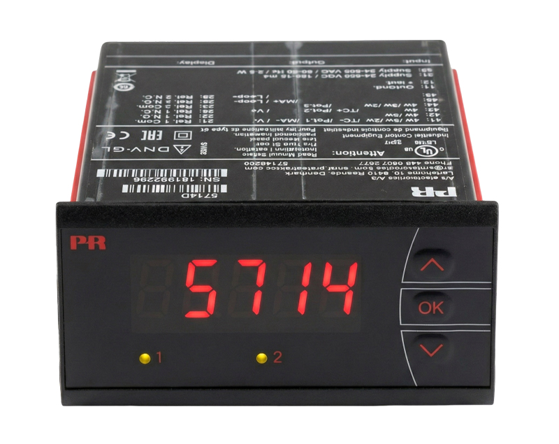 PR5714D — دراک نمایشگر قابل برنامهریزی ۵۷۱۴ PR Electronics با کاراکترهای LED چهار رقمی و قابلیت تنظیم ورودیهای RTD، TC، ولتاژ و جریان، مناسب محیطهای صنعتی و مرطوب
