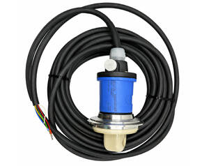 Industrial pressure sensor with a long black cable, blue body, and beige probe, coiled for transport.