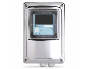 Stainless steel, wall‑mounted control unit with a blue LCD screen and keypad.