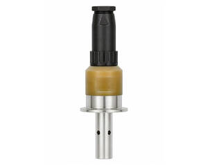 Fuel injector nozzle with brown housing and metal tip, likely an automotive fuel injector component