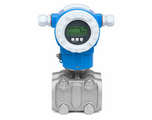Digital flow meter with blue housing mounted on a stainless steel valve showing a small LCD display