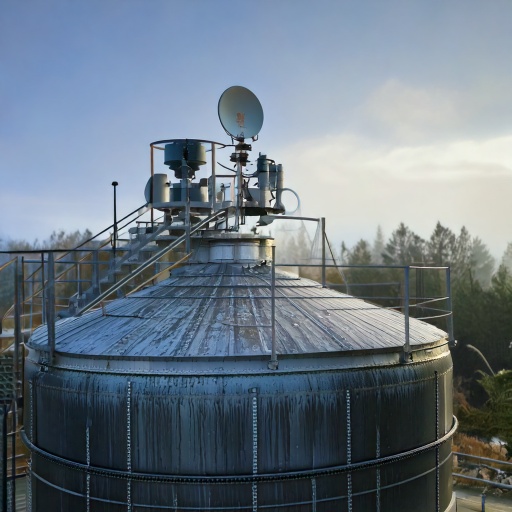 Firefly Create A high-tech industrial radar level measurement system installed on top of a large che — دراک فرستنده سطح راداری غیرتماسی نصب شده روی مخزن صنعتی