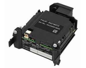 Black industrial control module with mounting brackets and a label showing FAUE: 54216072 and a serial number.