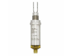 Industrial level sensor probe with a two-pronged fork tip and threaded metal body, yellow bottom connector.