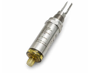 Metal pressure transducer with two-prong sensing tip and threaded body used for industrial measurement.