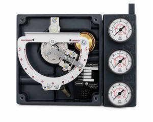 Industrial gas pressure regulator with three gauges on the right and exposed mechanical adjustment assembly on the left.