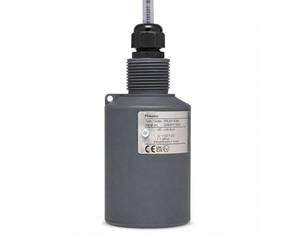 Industrial pressure sensor in a gray housing with a knurled threaded top connection and a front identification label