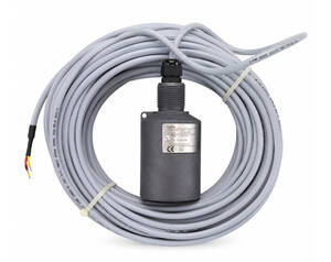 Coiled gray electrical cable with a black cylindrical sensor in the center and exposed wire ends.