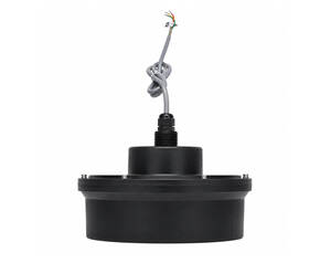 Black circular ceiling light canopy with a twisted gray electrical cord and exposed wires at the top, awaiting a pendant or shade installation