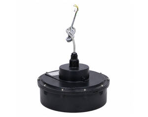 Black round ceiling fan motor housing with wiring harness and exposed wires, isolated on white background.