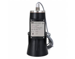 Industrial submersible pump with black housing, metal identification plate on the side, and a long gray power cord coiled beside it.