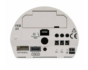 Back view of a white electronic module with multiple connectors labeled DAT-MODUL, FHB 20, PA-, PA+, and a red LED indicator.