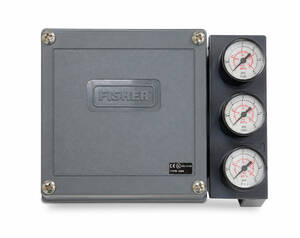 Fisher air pressure regulator with three circular gauges on a dark mounting panel beside a gray metal housing