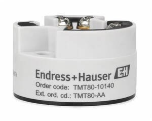 White circular Endress+Hauser sensor head with metal terminal connectors on top.