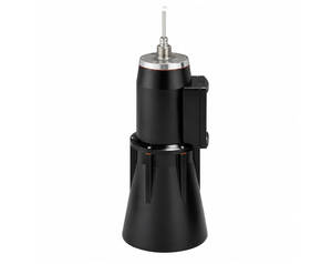 Compact black spindle motor with vertical metal shaft protruding from the top, mounted on a conical base