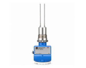 Blue industrial valve actuator with two tall stainless steel rods extending upward, used to control a process valve in automation.