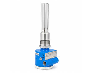 Blue industrial valve actuator with two metal rods and threaded mounting base.