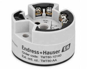 White Endress+Hauser circular terminal base with three screw terminals and wiring labels, used to connect a measurement device (model text visible).