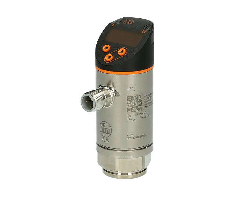 Pressure-sensor-with-display — دراک سنسور فشار دیجیتال ifm PN7092 با نمایشگر چهاررقمی چندرنگ، بدنه استنلس استیل 316L و اتصال رزوهای G 1/4 مناسب کاربردهای صنعتی و IO-Link