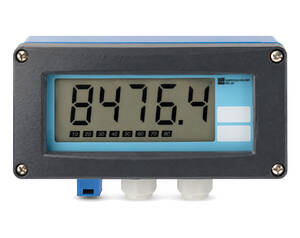 Digital panel meter showing 8476.4 on an LCD, blue housing with two white buttons on the right and blue and white cable fittings at the bottom.