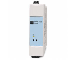 DIN-rail mounted Endress+Hauser RN221 module with a blue front panel, showing an 'On' indicator LED and two small status holes.