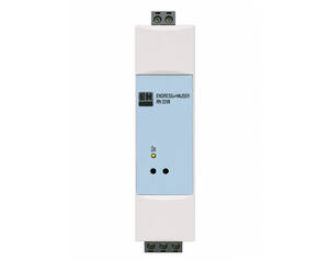 DIN-rail mounted Endress+Hauser RN 22N transmitter with blue front panel and a lit status LED at the left side.