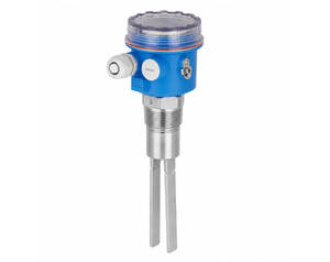 Blue industrial liquid level switch with threaded stem and two stainless-steel probes for tank level detection
