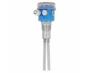 Industrial liquid level switch with blue housing and two stainless steel probes for sensing level in a tank