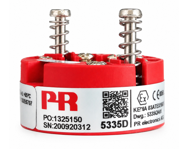 5335D — دراک Red circular industrial component with two vertical metal springs and a PR label with a QR code on a white band, close-up.