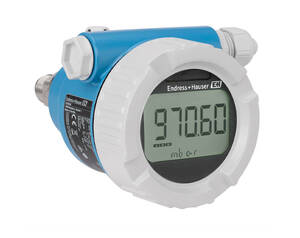 Endress+Hauser digital pressure transmitter with a round LCD showing 970.60 mbar in a white protective bezel and blue body.