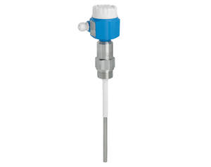 Industrial temperature sensor with blue transmitter head and stainless steel probe for process measurements