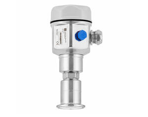 Industrial pressure transmitter with a stainless steel body, blue calibration port, and threaded process connection, shown upright.