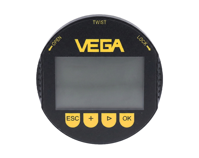 F4683514-01 — دراک ماژول نمایشگر و تنظیمات وگا مدل PLICSCOM با صفحه نمایش LCD و دکمههای کنترلی زرد رنگ