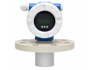 Industrial flow meter with a digital display mounted on a flanged pipe connection, white circular housing and blue body.
