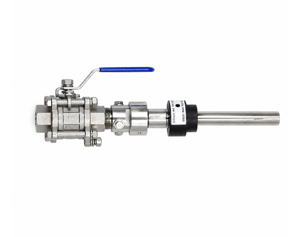 CPA450-endresshauser — دراک Stainless steel inline valve with a blue lever handle used to shut off fluid flow in a piping system.
