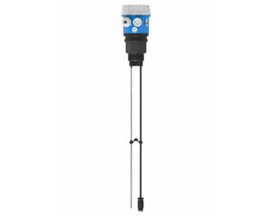 Submersible liquid level sensor mounted on a long rod for measuring liquid depth in tanks or wells (blue and gray housing).