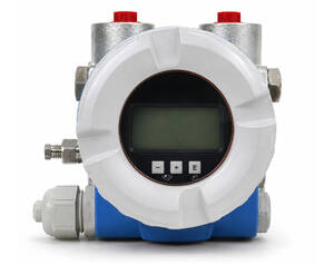 Flow meter with circular white housing, digital display, and blue base for pipeline measurements and control buttons on the front panel