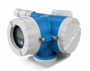 Blue industrial pressure transmitter with two white end caps, mounted on a metal base, digital display visible.
