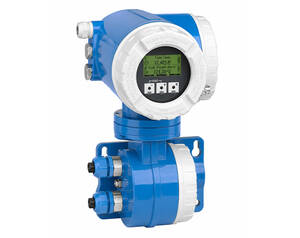 Blue industrial process transmitter with round display mounted on a blue actuator; LCD shows tank level and temperature readings, used for process monitoring.