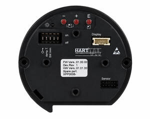Back view of a circular black sensor module with red indicator LEDs, labeled 'Display' port, 'Sensor' port, on/off switch, and multiple multi-pin connectors; firmware sticker visible.