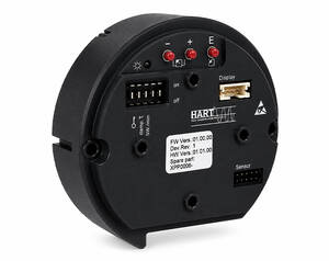 Back view of a round black Hart industrial sensor module showing power, display, and sensor connectors.