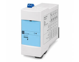 DIN rail industrial control module with blue front panel and side wiring diagram.