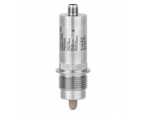 Stainless steel industrial sensor with a threaded body and small beige sensing tip.