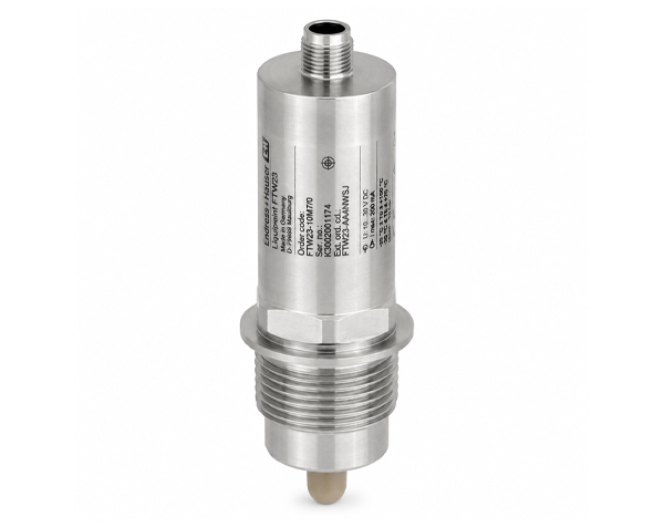 Liquipoint_FTW23_PP_3 — DERAAK Stainless steel industrial sensor with a threaded body and hex nut for mounting in equipment. Top has electrical connection.